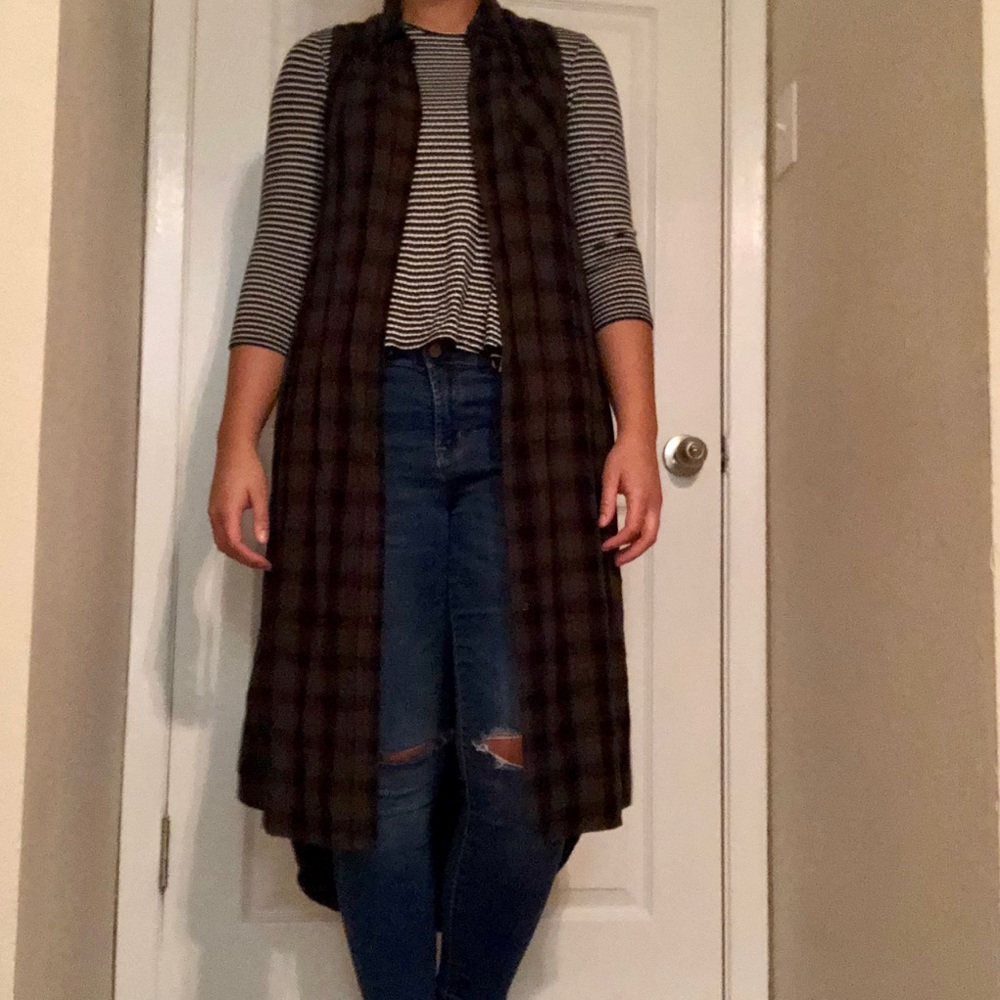 Sage green and black plaid duster vest